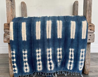 Indigo Mudcloth Throw Blanket, Vintage African Tie Dye Shibori Cotton, Golden thread, 60x45