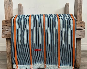 Vintage Indigo Baule Ikat Fabric African Striped Mudcloth Textile Bogolan