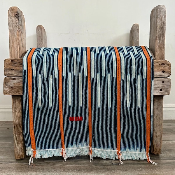 Vintage Indigo Baule Ikat Fabric, 56X41, African Striped Mudcloth Textile Bogolan, blue, orange & white.
