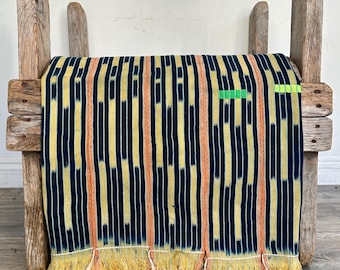 Vintage African Indigo Textile: Blue Orange Mudcloth, Boho Home Decor
