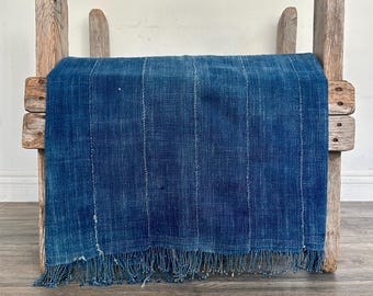 Large Fringe Indigo Mud Cloth: Vintage African Throw, 78"x44"