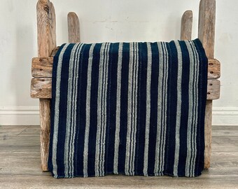 Vintage Blue Mud Cloth - Striped Indigo Fabric for Tribal Textile Blanket - Upholstery cotton fabric for DIY home decor sewing project