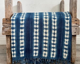 Vintage Indigo Mudcloth Throw: African Boho Decor, Hand-Dyed Cotton, Geometric pattern
