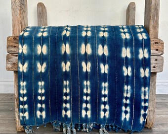 Golden Thread Indigo Vintage Mud Cloth - African Indigo Fabric Boho Textile - Ethnic Blanket Bed Throw - Interior Designer - Home Decor