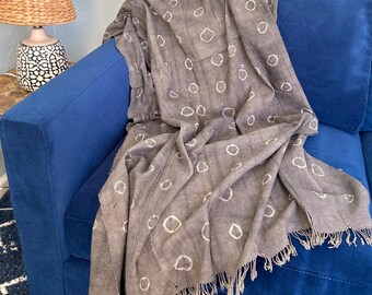 Hand-Loomed Gray Mudcloth Throw Blanket, Circle Print, African Textile Wall Hanging