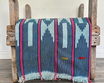 Vintage Baule Ikat Fabric: Pink & Indigo Blue African Textile Art (54x42)