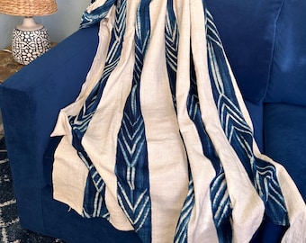 Vintage Blue Indigo Mudcloth Striped African Tribal Textile Fabric Blanket Ethnic Bohemian Throw