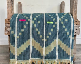 Vintage Ikat Baule Cloth – African Indigo Fabric, 56" x 42, blue & lime green