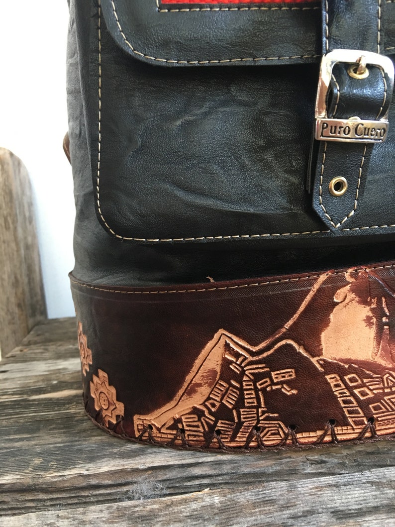 Black Leather Peruvian Boho Backpack,Peru Andes,handmade,Bohemian purse,Tribal leather bag,black leather purse,leather handbag,boho leather