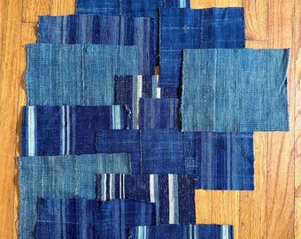 Vintage Fabric Scraps, Natural Indigo Dye patchwork, cotton sewing fabric bundle, patch set, DIY projects supplies