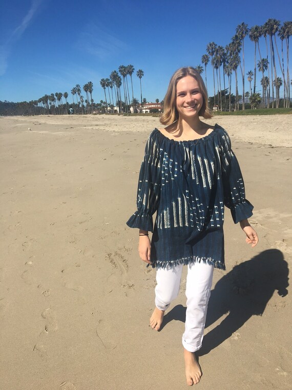 Tunic made with Indigo Vintage Mud Cloth with frin