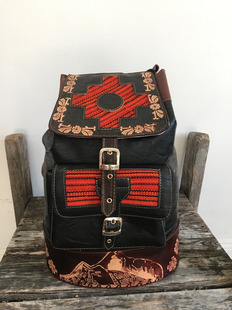 Black Leather Peruvian Boho Backpack,Peru Andes,handmade,Bohemian purse,Tribal leather bag,black leather purse,leather handbag,boho leather