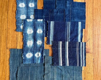 Vintage Indigo Fabric Scraps, Handwoven African Textiles, Sewing Bundle (10 Pieces)