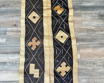 African Kuba Cloth Wall Art - Woven Raffia Tapestry, Handmade Abstract Textile Hanging in Brown, Beige for Boho Home Decor