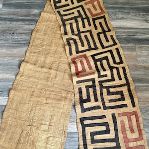Long Beige African Kuba Cloth: Raffia Textile Wall Art, 122&quot;
