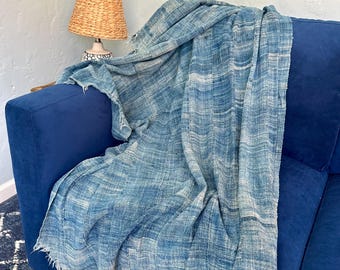 Distressed Indigo Mud Cloth: Vintage African Textile Throw with Fringe