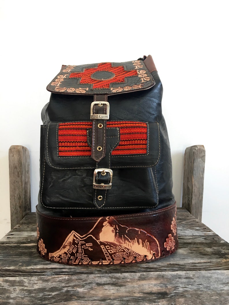 Black Leather Peruvian Boho Backpack,Peru Andes,handmade,Bohemian purse,Tribal leather bag,black leather purse,leather handbag,boho leather