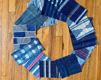 Vintage Indigo Dye fabric scraps, quilting, cotton pieces boho bundle, slow stitching, fabric remnants, 12 pieces