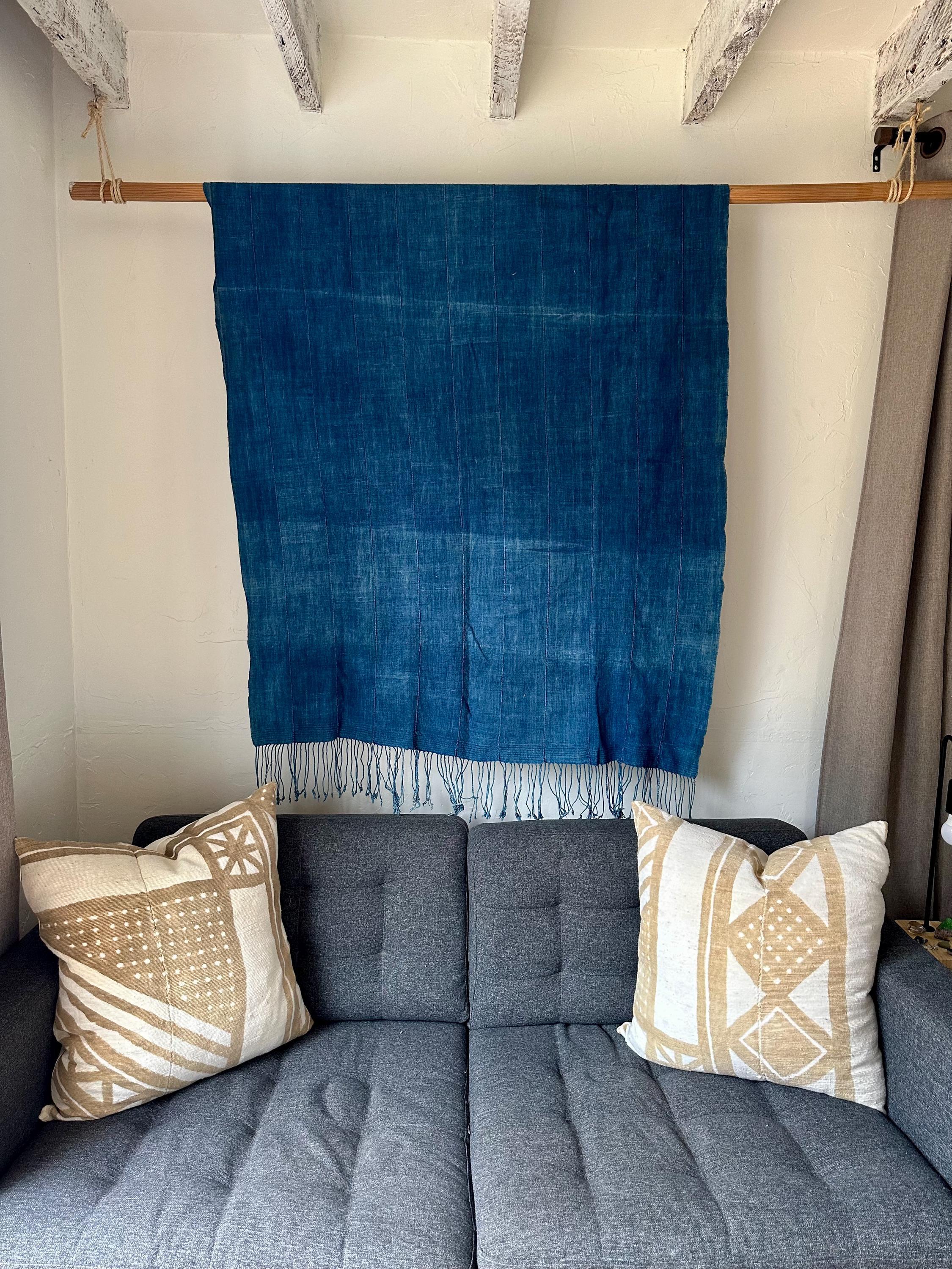 Large Vintage Blue Indigo Mudcloth: Bohemian Cotton Textile, 78" x 43"