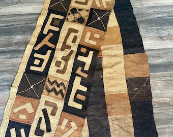 Long African Kuba Cloth Wall Art - Handmade Woven Raffia Tapestry, Abstract Applique Wall Hanging, Natural Boho Home Decor Runner