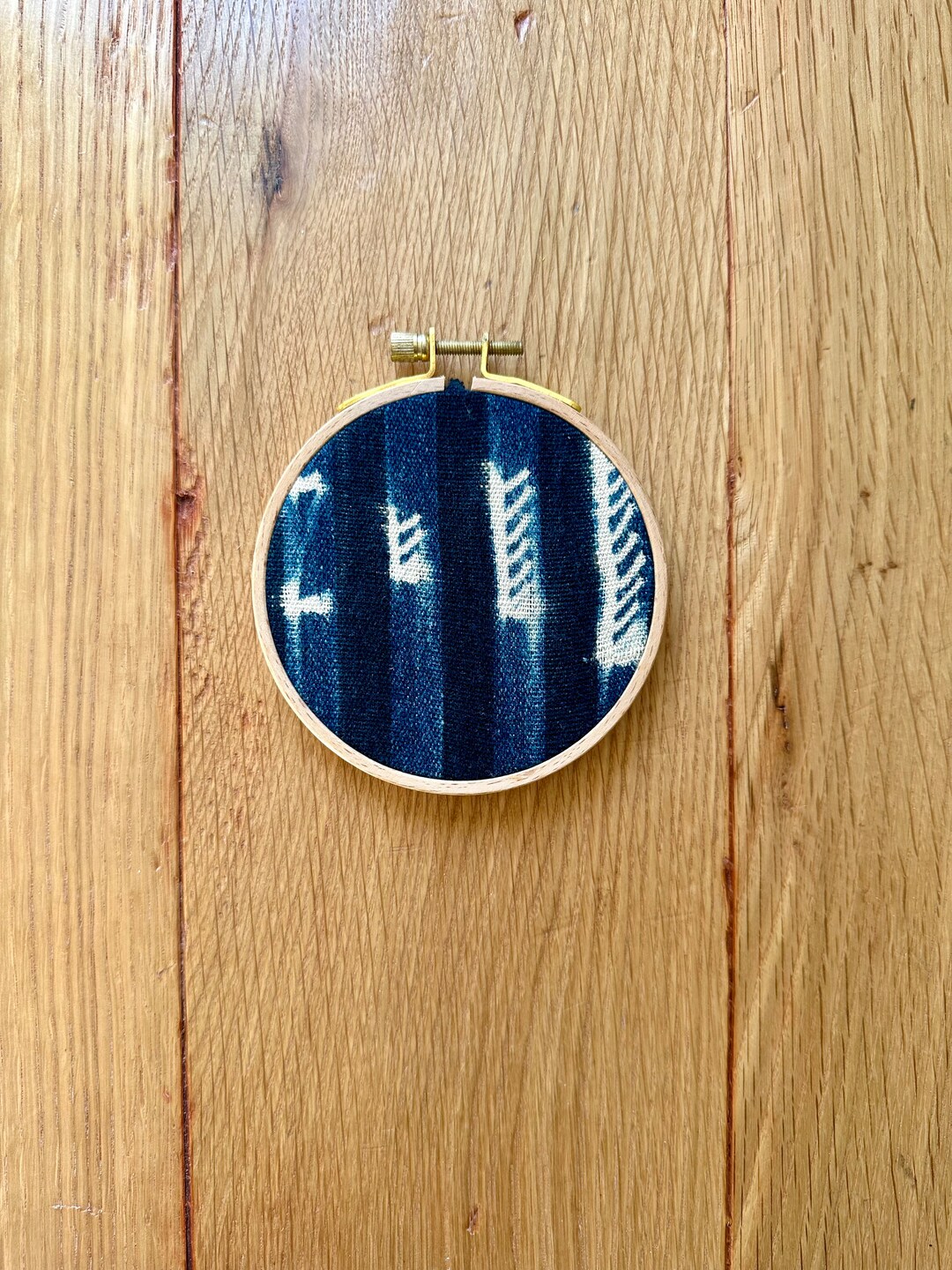 African Wall Art, 4 Round Frame Textile Art, Wood Circle Frame