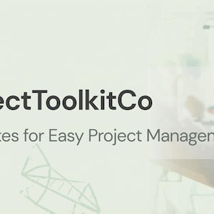 May include: Image features the text "ProjectToolkitCo" in a bold, dark font, with the tagline "Templates for Easy Project Management" below. The background is a blurred office setting with a person using a laptop.