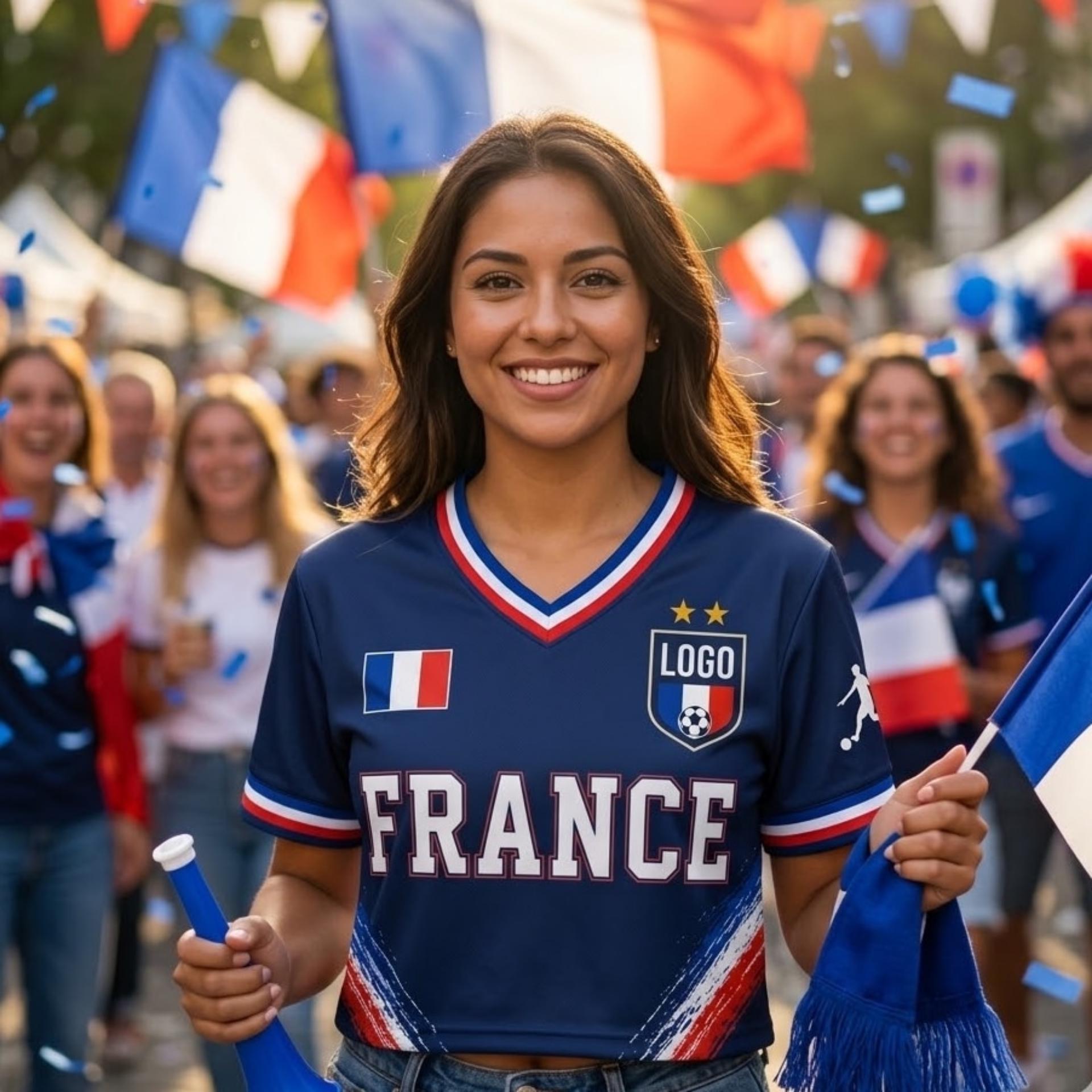 Haut court France personnalisé, maillot de football personnalisé, maillot de fan de France pour femme, tenue pour le jour d'un match de football, haut de la Coupe du monde, t-shirt de l'équipe de France.