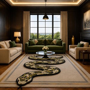 May include: A large, rectangular area rug featuring a prominent, three-dimensional, winding snake design in shades of green, black, and cream. The snake has a textured, tufted appearance and stretches across the center of the light-colored floor rug.
