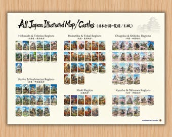 Japan Castles Illustrated Map, A2 Horizontal Printable Wall Art Download