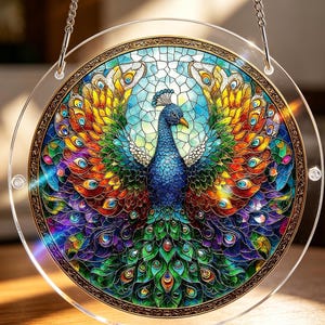 Könnte beinhalten: Ein runder Glas-Pfau mit klarem Rand und Aufhängekette. Die Federn des Pfaus sind eine lebendige Mischung aus Blau, Grün, Gelb, Orange und Lila. Der Hintergrund zeigt ein hellblaues Mosaikmuster.