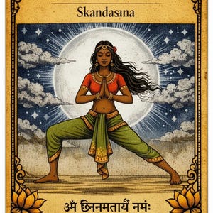May include: Illustration of a woman in a yoga pose, Skandasana, with the moon in the background. She wears a red top and green pants. The image has text in Sanskrit and English, and is framed with an ornate border.