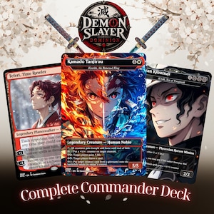 May include: A complete Commander Deck featuring three Magic: The Gathering cards with anime-style illustrations. The cards showcase characters from "Demon Slayer: Dominion," including Kamado Tanjirou, Teferi, and Muzan Kibutsuji. The deck is set against a backdrop of cherry blossoms and crossed swords.