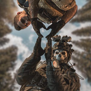 Op de afbeelding: Twee figuren in tactische uitrusting, een met een schedelmasker, vormen een hart met hun handen. De achtergrond is wazig met bomen en lucht, met de tekst "damysatelier DO NOT REUPLOAD NO CAI".