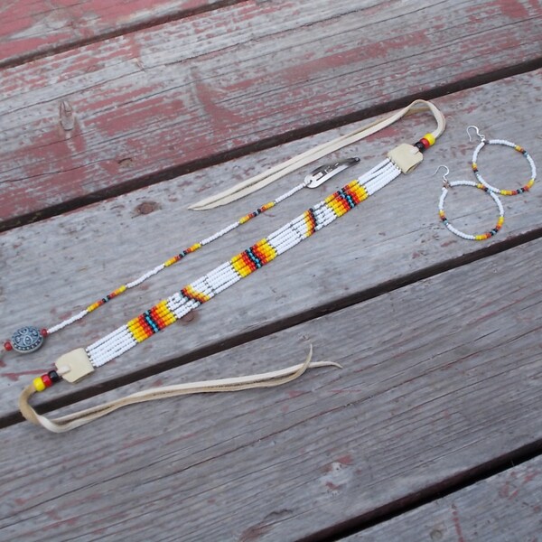 Native American inspired design - Beaded Choker, Hairpiece, Earrings set - Sioux Sunset