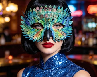 Handgefertigte Feder Vogel Maske, irisierende Masken für Halloween, Cosplay, Karneval, Kostüm, Renaissance, Fairy Events