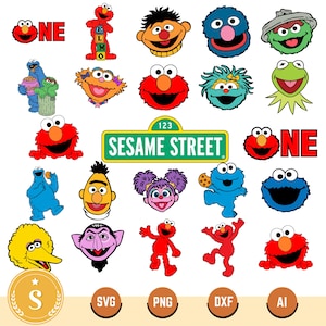 Könnte beinhalten: Eine Sammlung farbenfroher Grafiken von Sesame Street-Charakteren, darunter Elmo, Krümelmonster, Big Bird und Bert. Das Bild zeigt auch das Sesame Street-Schild und das Wort "ONE".