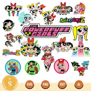 Puede incluir: Una colección de gráficos coloridos de Las Supernenas. La imagen incluye varias ilustraciones de los personajes, el logotipo del programa e iconos de tipo de archivo. Los gráficos están en un estilo de dibujos animados con contornos audaces y colores brillantes.