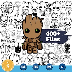 Puede incluir: Una colección de archivos digitales con temática de Groot, que presenta varias ilustraciones de Groot en marrón, negro y blanco. La imagen incluye el texto "I AM GROOT" y "400+ Files", junto con iconos de tipo de archivo SVG, PNG, DXF y AI.