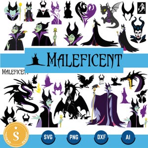 May include: A collection of digital art featuring Maleficent, in various poses and styles. The images include silhouettes, portraits, and dragon illustrations, with the word "MALEFICENT" in large text. The image also includes file type icons.