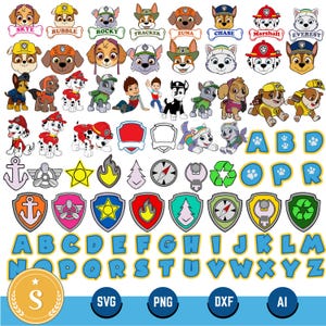 Könnte beinhalten: Eine Sammlung von Cartoon-Charakterbildern, darunter Hundegesichter, Abzeichen und das Alphabet. Die Charaktere stammen aus der Paw Patrol-Serie. Das Bild enthält auch den Text "SVG", "PNG", "DXF" und "AI".