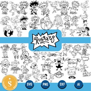 May include: Black and white line art featuring multiple characters from the animated series Rugrats. The image includes the Rugrats logo in a blue burst shape, along with file type icons: SVG, PNG, DXF, and AI.