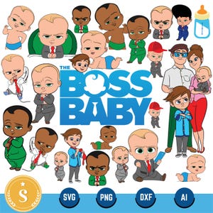 Puede incluir: Colección de ilustraciones de dibujos animados con bebés con ropa de negocios e informal. La frase "THE BOSS BABY" se muestra en letras azules grandes. Iconos adicionales incluyen una botella e indicadores de tipo de archivo.