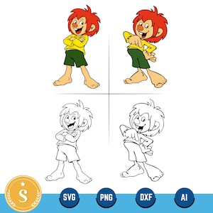 Peut inclure: Illustration numérique d'un personnage de dessin animé aux cheveux roux, portant un haut jaune et un short vert, dans deux poses. L'image comprend également une version en noir et blanc du personnage et des icônes pour les formats SVG, PNG, DXF et AI.