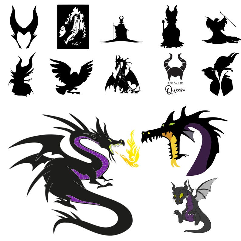 May include: A collection of black silhouette images featuring characters and symbols from a fantasy theme. Includes a dragon breathing fire, a horned silhouette, and the text "Just Call Me Queen".