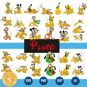 May include: A collection of Pluto cartoon character illustrations in various poses. The images feature Pluto in his signature yellow and brown colors, with some images including Mickey Mouse. The word "Pluto" is displayed in red text on a black background.