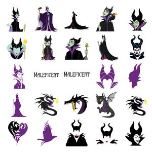 May include: A collection of stylized illustrations featuring Maleficent from Disney's Sleeping Beauty. The images include various poses of the character, dragons, and her iconic horns, in shades of black, purple, and green. The word "MALEFICENT" is written in a gothic font.