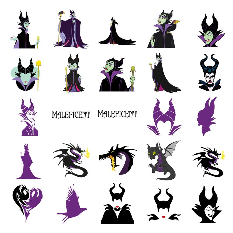May include: A collection of stylized illustrations featuring Maleficent from Disney's Sleeping Beauty. The images include various poses of the character, dragons, and her iconic horns, in shades of black, purple, and green. The word "MALEFICENT" is written in a gothic font.