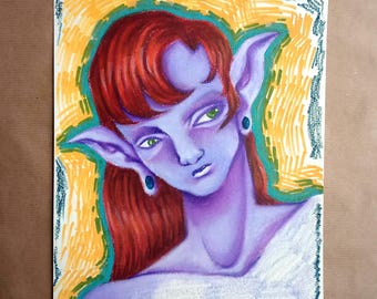 Retrato original al pastel al óleo para pared - Tonos morados