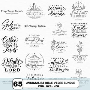 Op de afbeelding: Een verzameling zwart-wit digitale grafische ontwerpen met diverse christelijke bijbelverzen en inspirerende zinnen in verschillende typografieën, inclusief symbolen zoals kruisen, harten, bergen en een zeilboot, gepresenteerd als een bundel.