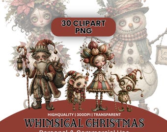 Verspieltes Weihnachts-Clipart-PNG-Bundle, skurrile Weihnachtsgrafiken für Planeraufkleber, Sublimation, Scrapbooks und Junk Journals